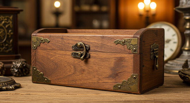 A wooden box sits on a table alongside a clock and assorted items. ai generated
