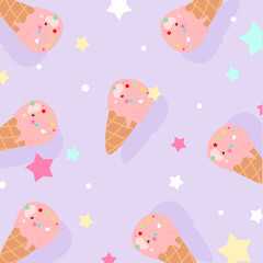 Strawberry ice cream seamless pattern with sprinkle and star decoration. Delicious and sweet food. Can be used for wallpaper, paper wrapping, print and fashion fabric