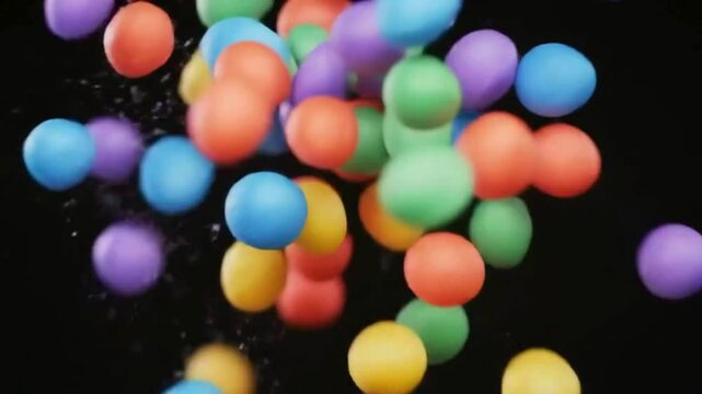 mesmerizing burst of colorful, rainbow-hued foam bubbles and balloon-like spheres exploding mid-air against a deep black background. 4k video
