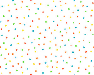 Crayon polka dot seamless pattern. Cute doodle donut confetti texture. Hand drawn chalk scribble round shape background. Baby kids seamless pattern. Vector illustration isolated on white background.