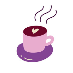Flat cartoon vector illustration of coffee cup in doodle style. Hand drawn hot drink with steam for cafe menus, morning routine, food packaging, cozy lifestyle, coffee break and beverage themes
