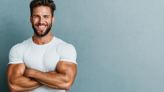 A confident young man poses with a friendly smile and crossed arms against a muted background, embodying strength, charm, and approachability in a stylish, engaging portrait.