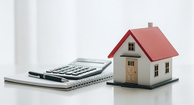 Conceptual image of home ownership finance with model house calculator notebook and pen
