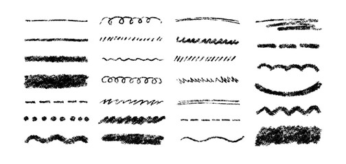 Hand drawn crayon scribble lines. Doodle chalk marker line stripes collection. Wavy chalk texture underlines. Handmade brush scribble dividers. Vector illustration isolated on white background.