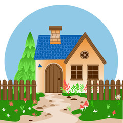 A cozy little house surrounded by pine trees, a fence and flowers. There is a path leading to the house and a chimney on the shingle roof. The scene is bright and inviting. Vector illustration