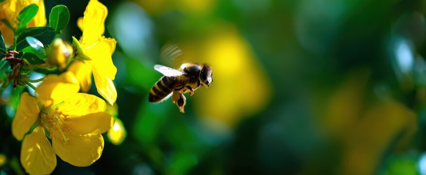 The bee hovering near vibrant yellow flowers in a sunny garden scene.