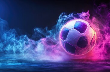 Fototapeta premium Soccer ball in vibrant neon smoke