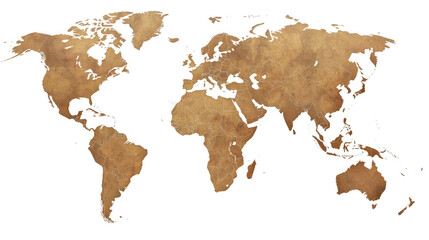 Obraz premium Vintage world map with old paper parchment texture, a grunge brown background for travel, history or geography concepts