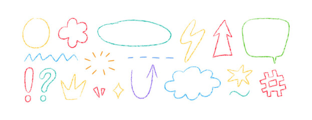 Crayon doodle element set. Hand drawn speech bubble, star, cloud. Color pencil underline, arrow, spark drawing. Kids chalk style question and exclamation mark. Vector illustration on white background.
