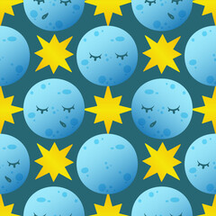 A repeating pattern of blue moons with closed eyes and yellow stars on a dark teal background. The design is playful and whimsical, suitable for various creative projects.
