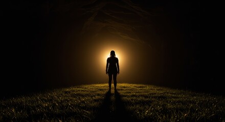 Figure in Silhouette, Illuminated by Mystical Golden Light on Grassy Hill.