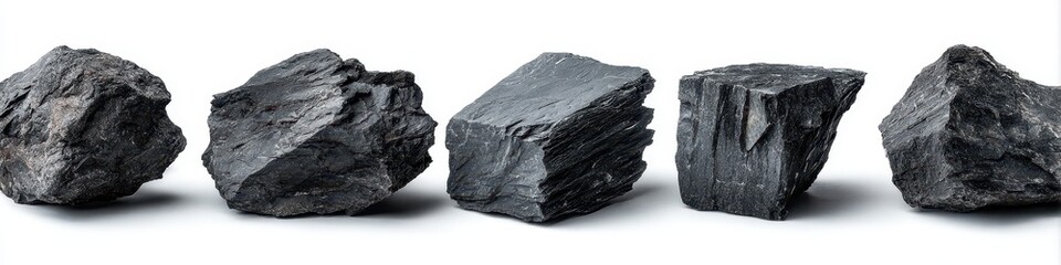 Five irregular charcoal pieces, varying in shape and size, are arranged on a white background