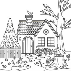 A cozy house with a chimney, surrounded by a tree, a pine tree, and flowers. A pathway leads to the door, with birds perched on the roof and tree. Doodle illustration for coloring. Vector illustration