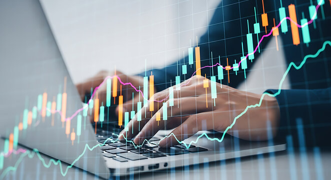 Investor analyzing stock market charts and data on a laptop computer screen.