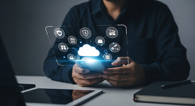 Man using a smartphone with cloud computing and digital data security icons displayed