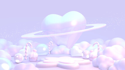 3D render cartoon empty star-shaped podium and glossy heart planet in candy land.