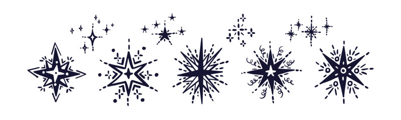 Stars doodle set, firework icon Twinkle Art magic