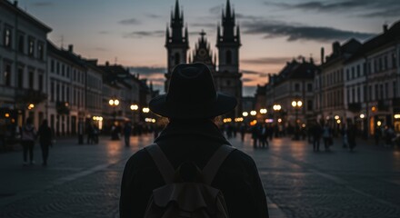 Evening Stroll: Silhouetted Figure in Historic European City Square at Twilight.