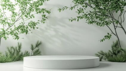 White circular podium surrounded by lush green foliage against a light beige wall