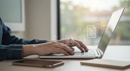 Digital Documents: Hands Typing on Laptop, Abstract File Icons, Mobile Phone, and Notepad.