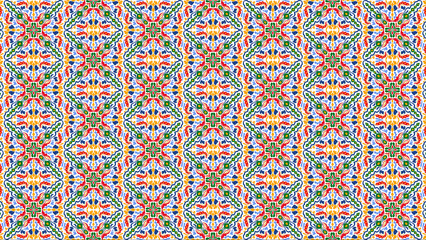 Detailed colorful kaleidoscopic pattern with symmetrical floral and geometric elements