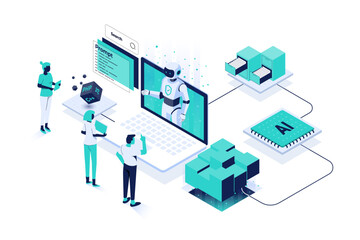 Modern isometric illustration of a humanoid AI assistant emerging from a laptop screen, collaborating with people in a digital office environment. Scene includes elements like code blocks, programming