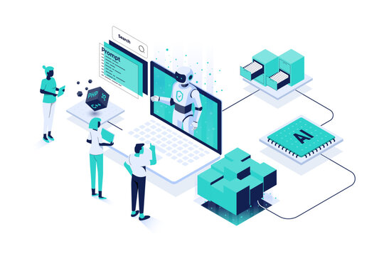 Modern isometric illustration of a humanoid AI assistant emerging from a laptop screen, collaborating with people in a digital office environment. Scene includes elements like code blocks, programming