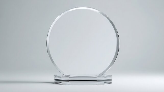 A 4K photo of blank round glass trophy mockup 3d rendering empty acrylic award design mock up white crystal prize plate template premium first place prize plaque isolated on.