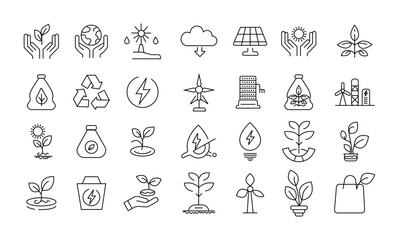 Green city icon set editable stroke line sustainable development. Contains icons such as green city, geothermal, solar power, industries electricity generating renewable energy.