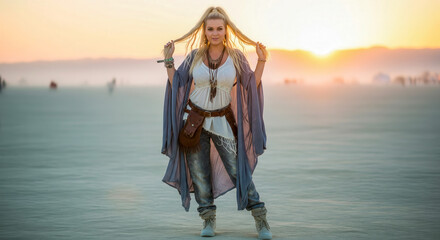 Fototapeta premium Beautiful woman in bohemian clothes posing at sunset in desert, spiritual person enjoying total freedom at outdoor music festival