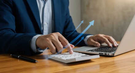 Financial Growth Analysis: Man Calculating Returns, Laptop and Upward Arrows.