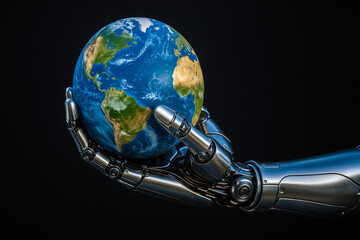 Futuristic robotic hand supporting globe, representing artificial intelligence control over planet, technological progress, global communication, digital world