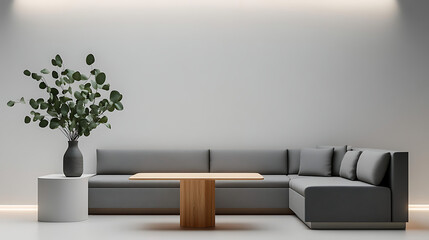 A modern living room with gray sofa, wooden table, and plant in gray vase decor