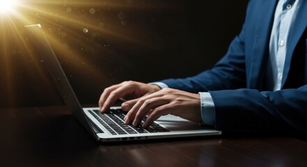 Illuminated Hands Typing on Laptop, Dark Background, Business Attire.
