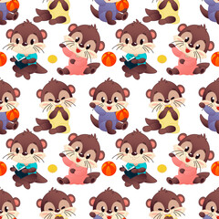A seamless pattern depicting cartoon otters in different poses. Otters are depicted in bright colors, engaged with balls and toys on a white background. Vector illustration