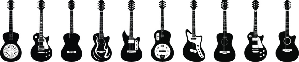 Varied acoustic and electric guitar silhouette vector lineup with banjo, resonator and rock models for versatile music design needs