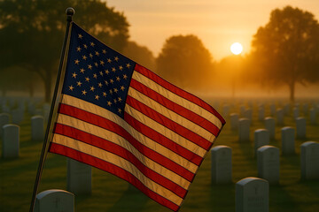 American flag waving in a cemetery with military headstones, Memorial Day theme.