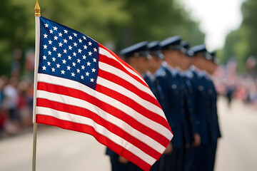 American flag flying beside military personnel during a parade.