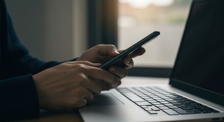 Smartphone use next to a laptop, indoor window light, close-up on hands.
