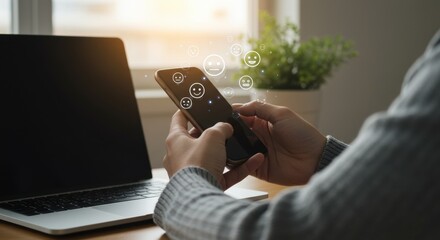 Digital feedback: Hands holding phone with floating emotion icons near laptop & plant.
