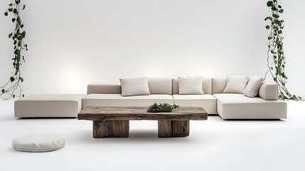 A modular sofa with a rustic wooden coffee table and hanging green vines decor