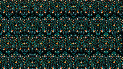 Intricate floral pattern with green vines and small flowers on a black background repeating design