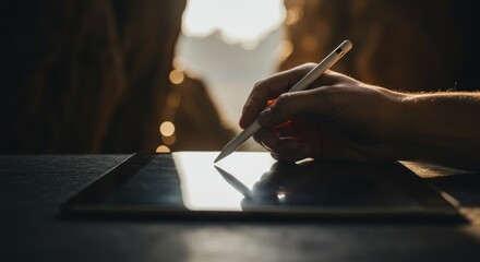 Tablet Drawing: Illuminated stylus on screen, textured background, creative process.