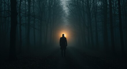 Silhouette in Fog: Glowing Figure in Dark Forest.