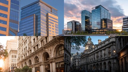 A four-panel collage showcasing diverse architectural styles modern glass high-rises at sunset, and classic stone buildings with ornate detailing, capturing urban landscapes at different times of day