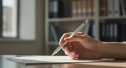 Hand with stylus writing on paper, soft light, office bookshelf background.