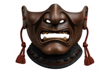 Highly detailed 3d rendering of a menacing samurai mask with a fierce expression, isolated on a transparent background