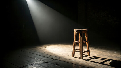 Lonely Wooden Stool On Dark Stage Under Spotlight