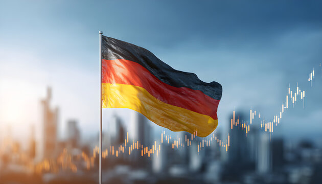 German flag with city skyline and stock market graph, symbolizing economic growth