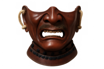 Traditional japanese samurai mask depicting an angry expression, isolated on transparent background, showcasing japanese craftsmanship